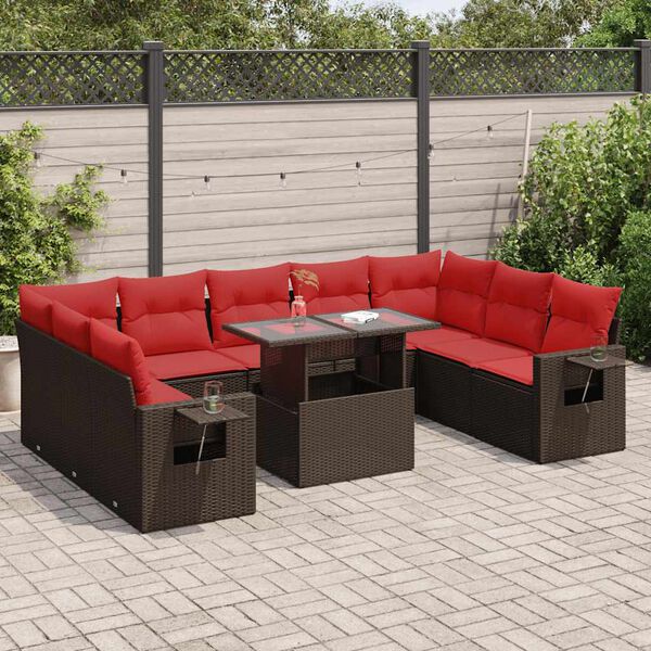 vidaXL 10 Piece Patio Sofa Set with Cushions Brown Poly Rattan Acacia
