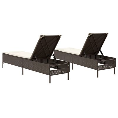 Two brown wicker daybeds with hinged backs open and storage basket underneath