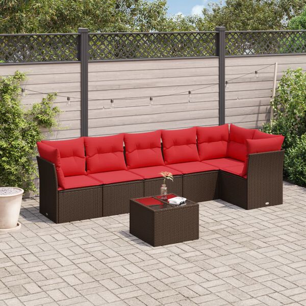 vidaXL 7 Piece Patio Sofa Set with Cushions Brown Poly Rattan