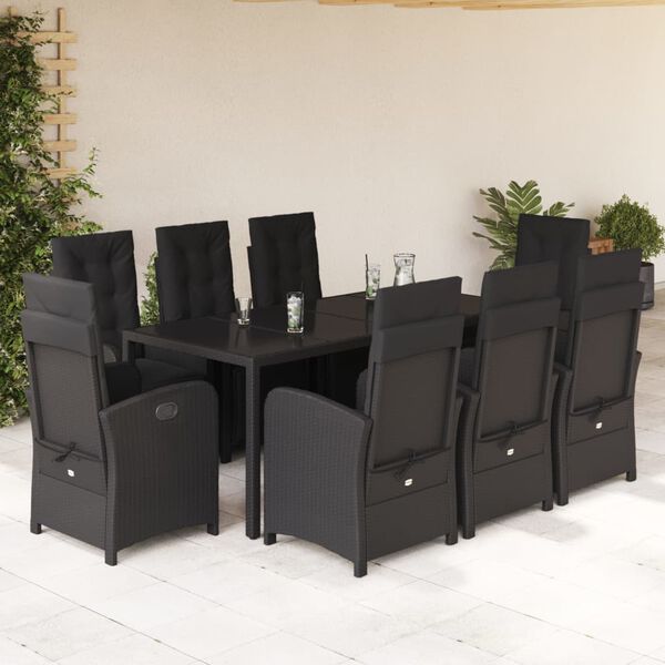 vidaXL 9 Piece Patio Dining Set with Cushions Black Poly Rattan