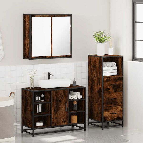 vidaXL Bathroom Furniture Set Smoked oak Engineered wood, metal, glass