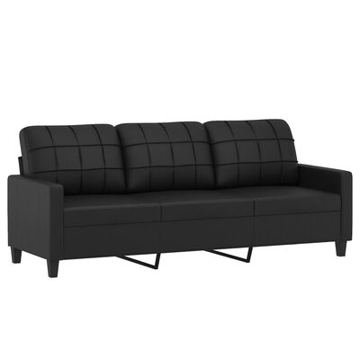 Black leather sofa with three-seat configuration and metal leg bases in a studio shot.