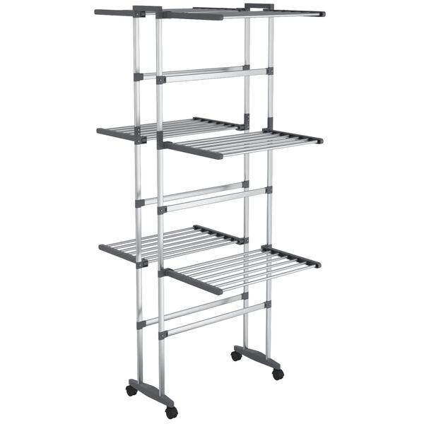 vidaXL 3-Tier Laundry Drying Rack with Wheels Silver 23.6"x27.6"x50.8"