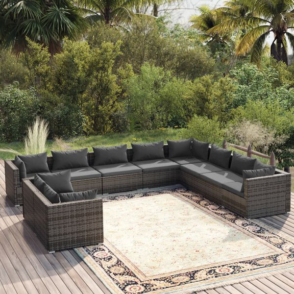 vidaXL Garden Lounge Set Grey PE rattan, powder-coated steel, plastic