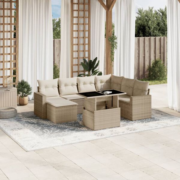 vidaXL Garden Sofa Set Beige PE rattan, powder-coated steel, tempered glass