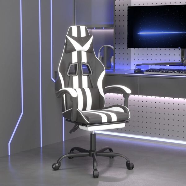 vidaXL Gaming Chair with Footrest Black and White Faux Leather