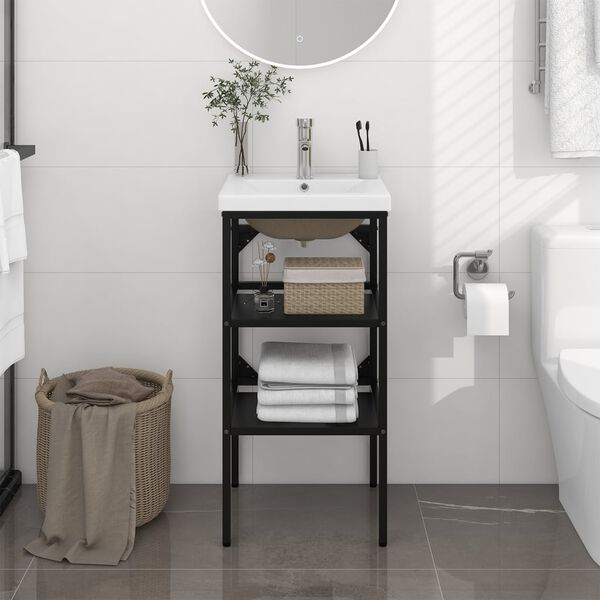 vidaXL Washbasin Frame With Basin Black, White Iron Regular