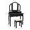vidaXL Dressing Table Set with Stool Black 39.4x15.7x57.5" Paulownia Wood