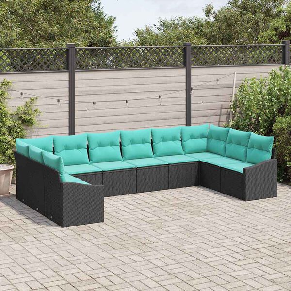 vidaXL Sofa Set with Cushion 10 pcs Black Poly Rattan
