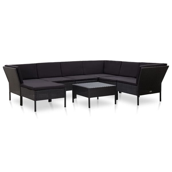 vidaXL Garden Lounge Set Black Poly Rattan, Powder-Coated Steel, Polyester