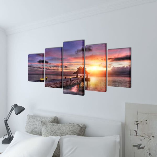 vidaXL Canvas Painting Multicolour - sunset, ocean, pavilion