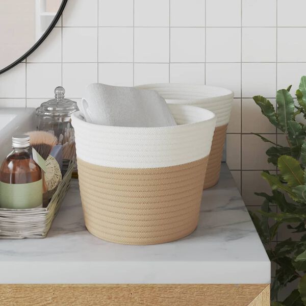 vidaXL Storage Basket Beige and White 100% Cotton Medium Collapsible