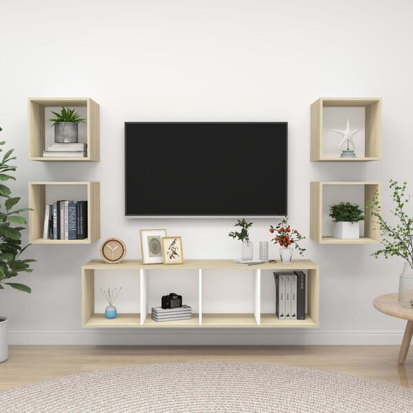 vidaXL TV Cabinet Set White and Sonoma Oak Engineered Wood Medium