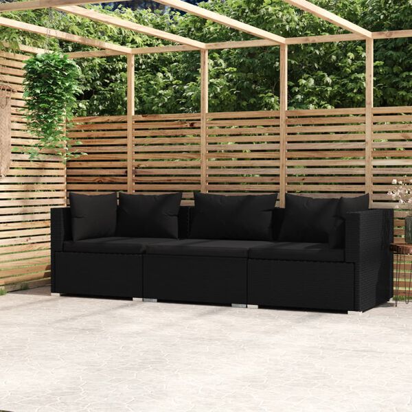 vidaXL 3-seater Sofa Black Poly Rattan, Powder-Coated Steel, Polyester