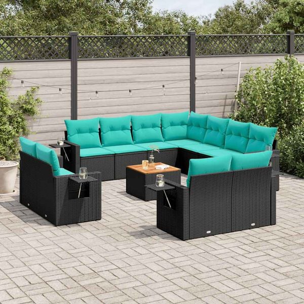 vidaXL 12 Piece Garden Sofa Set with Cushions Black Poly Rattan