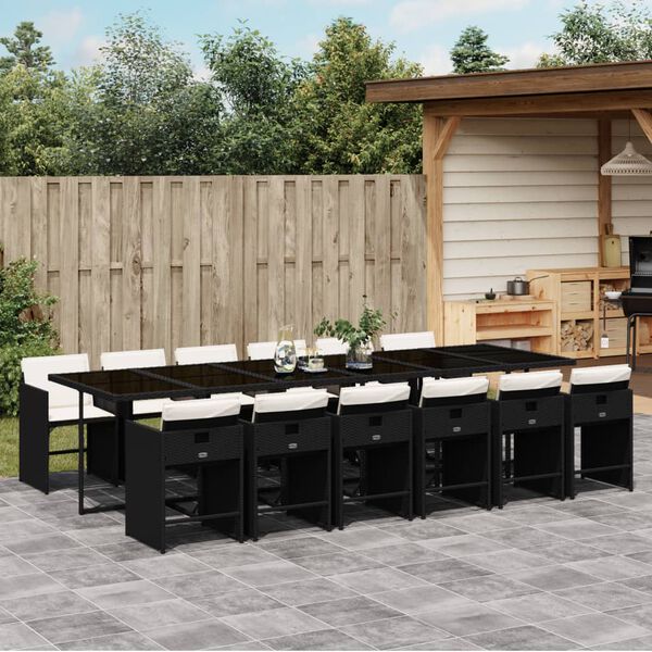 vidaXL Patio Dining Set Set of 12 Black Poly Rattan and Cream White Cushions
