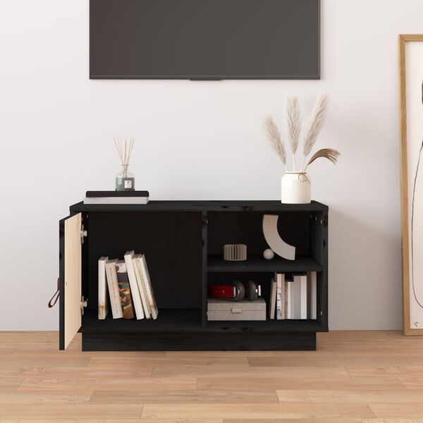 vidaXL TV Cabinet Black Solid Pine Wood Medium TV Cabinet Rectangular