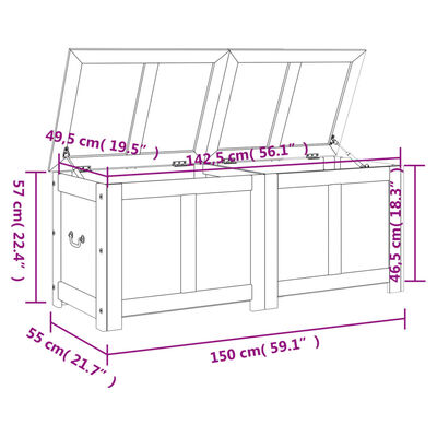 Technical diagram with dimensions of the white storage bench with orange top, showing total width 150 cm and height 57 cm.
