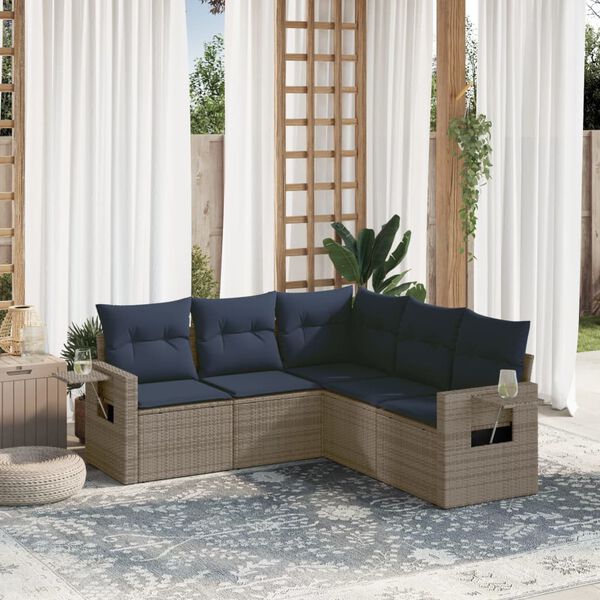 vidaXL 5 Piece Garden Sofa Set with Cushions Grey Poly Rattan