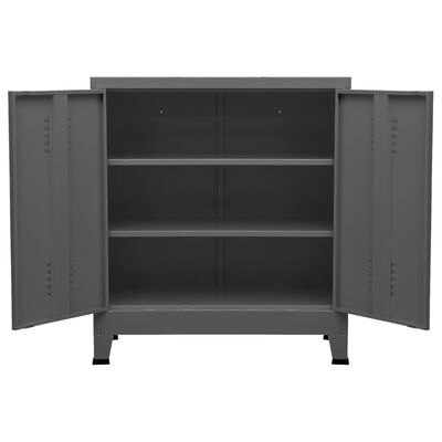 Open gray cabinet showing three interior shelves inside.
