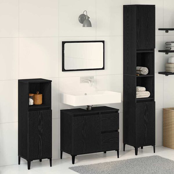 vidaXL Bathroom Furniture Set Wall-mounted with Door 3 pcs Black Oak