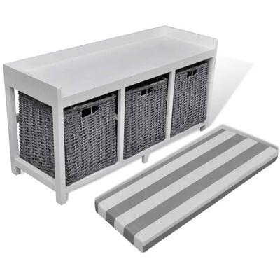 vidaXL White Storage & Entryway Bench with Cushion Top 3 Basket