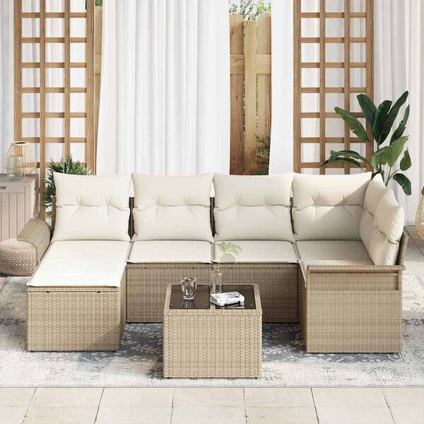 vidaXL Garden Sofa Set with Cushion 7 pcs Beige Poly Rattan