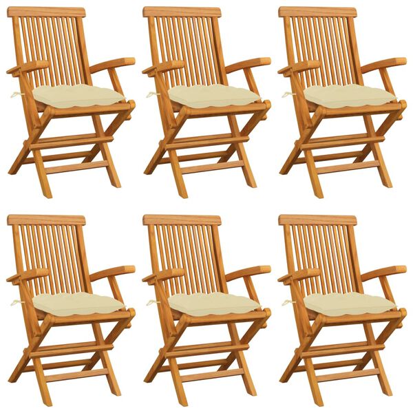 vidaXL Garden Chair Set of 6 Cream White, Teak Solid Teak Standard