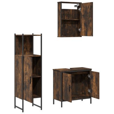 Tall storage cabinet, open shelf unit, and sink vanity with cabinet doors in rustic brown finish with metal frame.