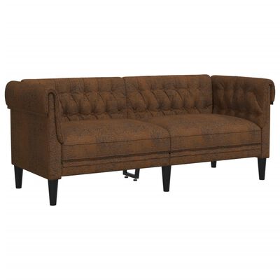 Brown tufted loveseat with rolled arms and tapered legs