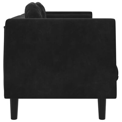 Back view of a black sofa showing its back and legs.