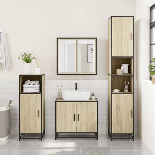 vidaXL Bathroom Furniture Set Sonoma Oak Engineered Wood, Glass, Metal