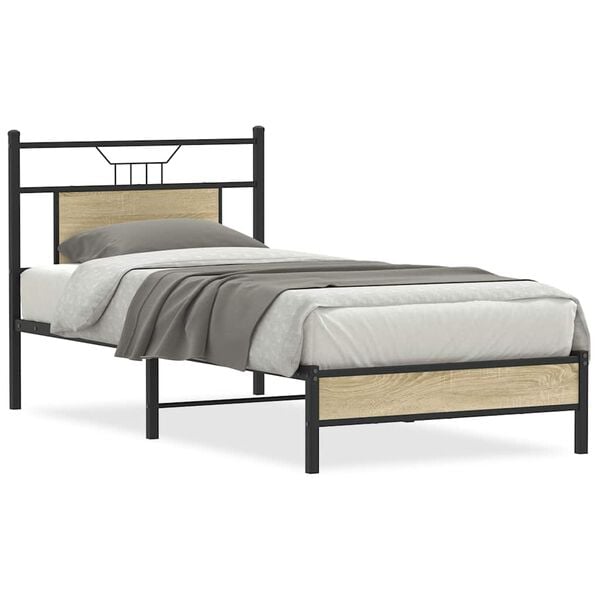 vidaXL Bed Frame Sonoma Oak Engineered Wood, Steel Twin Bed Frame