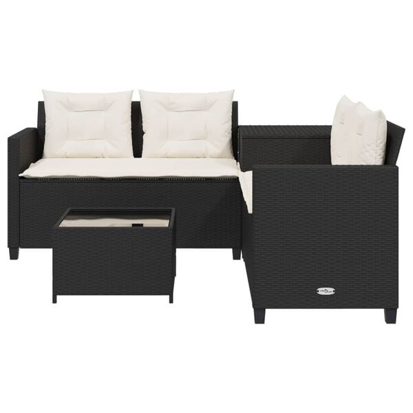vidaXL Patio Sofa with Table and Cushions L-Shaped Black Poly Rattan