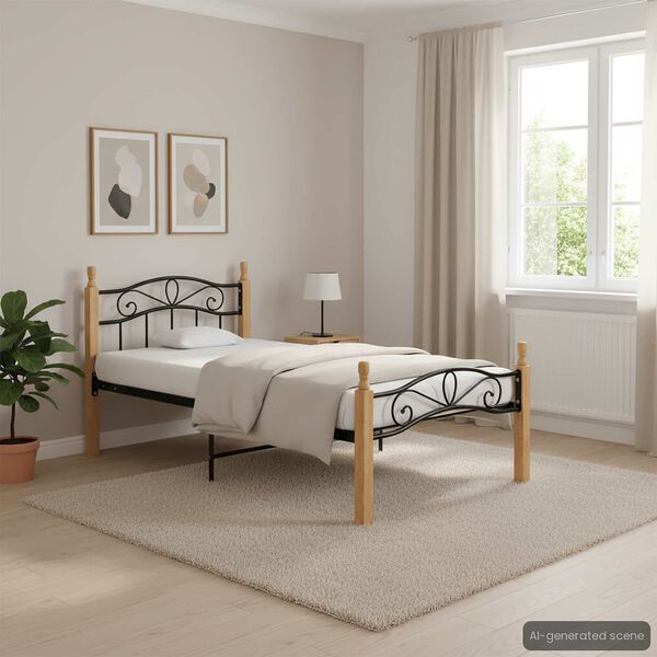 vidaXL Bed Frame Black and natural Powder-coated metal, solid oak wood