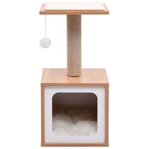 vidaXL Cat Tree Brown and White Wood, MDF, Veneer, Sisal, Jute, Faux Fur