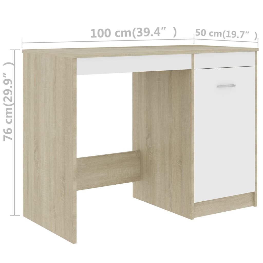 vidaXL Desk White and Sonoma Oak Engineered Wood Medium Computer Desk