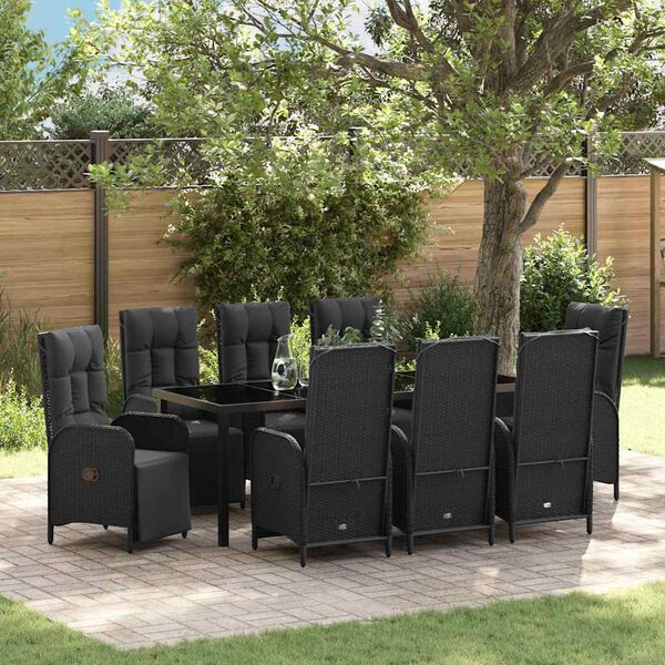 vidaXL Garden Dining Set with Cushion 9 pcs Black Poly Rattan
