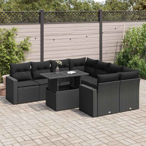 vidaXL Garden Sofa Set Black PE Rattan, Powder-Coated Steel, Tempered Glass