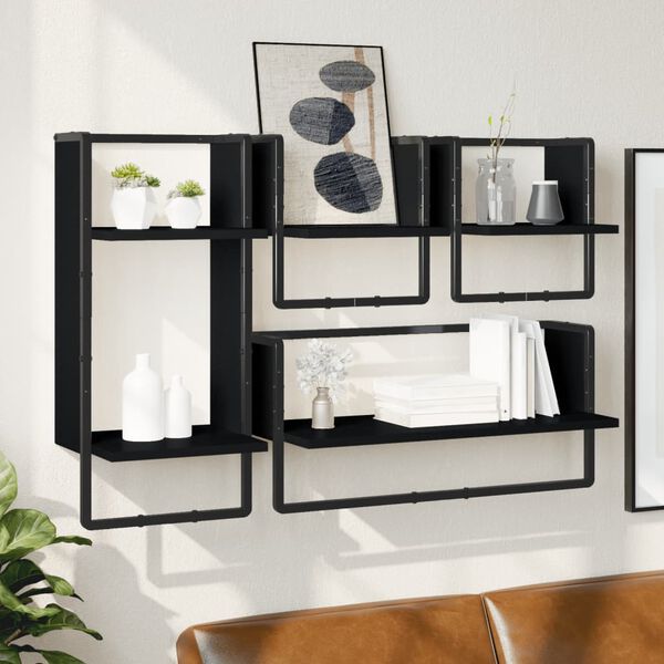vidaXL Wall Shelf Set Set of 4 Black Engineered wood, metal Small