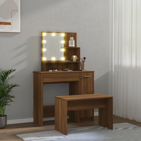 vidaXL Dressing Table Set With LED Brown oak Engineered wood Medium