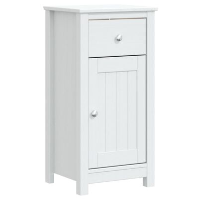 White freestanding bathroom cabinet with a single shallow drawer above a panelled door.