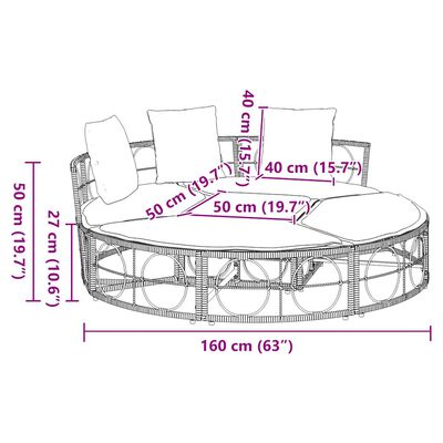Dimension diagram of round outdoor sofa set showing length 160 cm, seating area 50 cm, height 50 cm