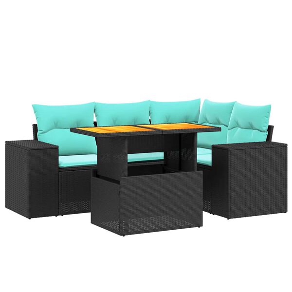 vidaXL 5 Piece Patio Sofa Set with Cushions Black Poly Rattan