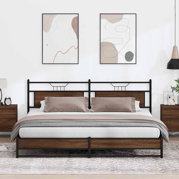 vidaXL Bed Frame Brown Oak Steel, Engineered Wood 76 x 80 in Bed Frame