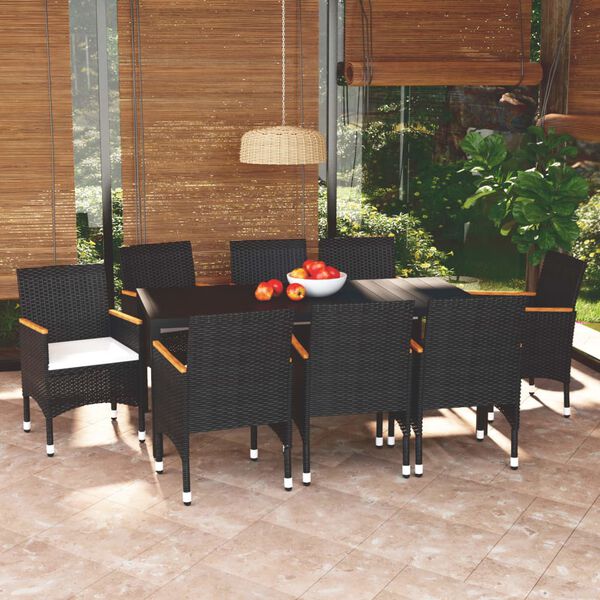 vidaXL Dining Set Black PE Rattan, Steel, WPC, Aluminum, Solid Acacia Wood