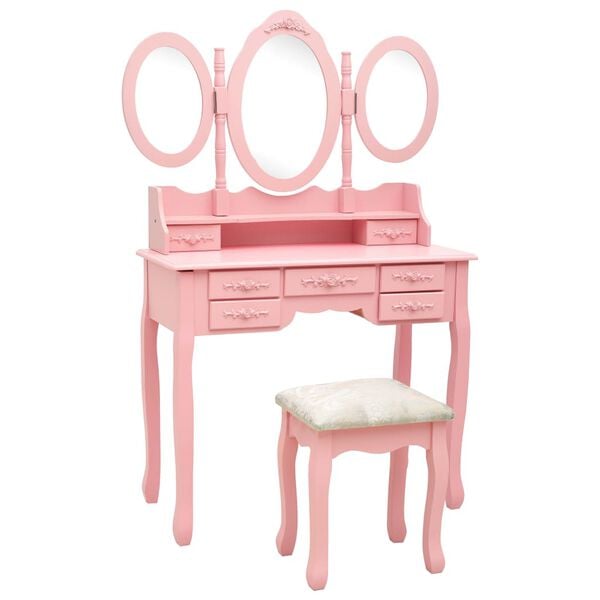 vidaXL Dressing Table with Stool and Tri-Fold Mirror Pink