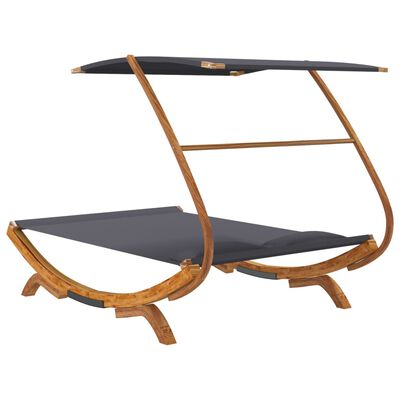 Two-piece wooden canopy chaise lounge with dark gray surface and curved legs.