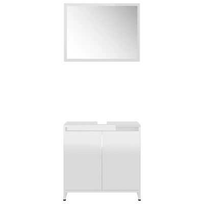 White bathroom vanity with two doors and a mirror above.