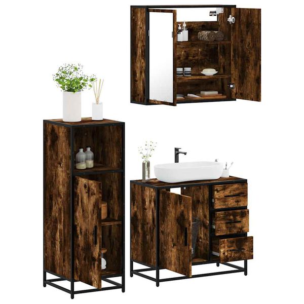 vidaXL Bathroom Furniture Set Smoked Oak Engineered Wood, Metal, Glass
